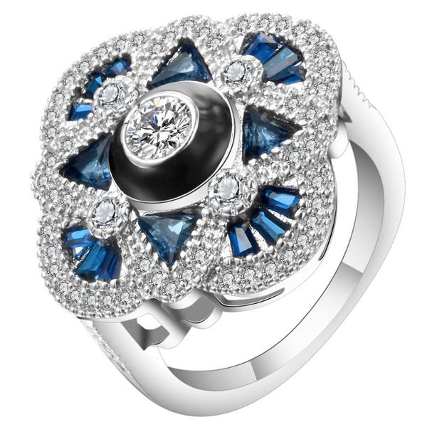

wedding rings exaggerated enamel cubic zirconia royal blue flower silver color beautiful cz women's finger ring jewelry for party gift, Slivery;golden