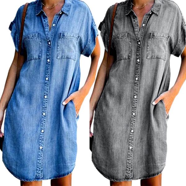 Abito taglie forti da donna Colletto rovesciato Abiti in denim a maniche corte con tasche Camicia casual ampia