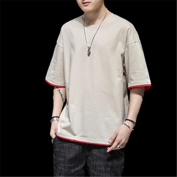 

summer men's five-point sleeve korean fashion round neck loose faketwo pieces of pure color thin cottonshort-sleeved t-shirt t-shirts, White;black