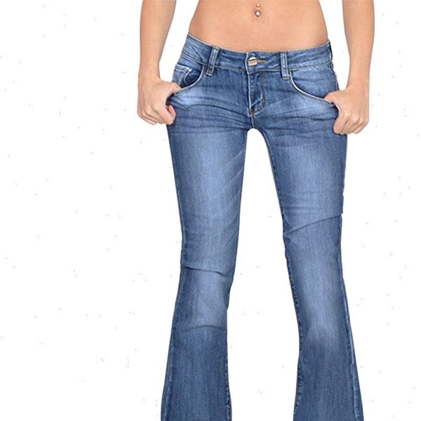

washed high waist button womens jean boot cut casual long pants trousers vintage female streetwear ladies denim, Blue