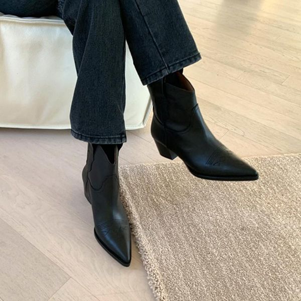 

boots black white short western cowboy for women long winter pointed thick heel cowgirl wedges size 33-42