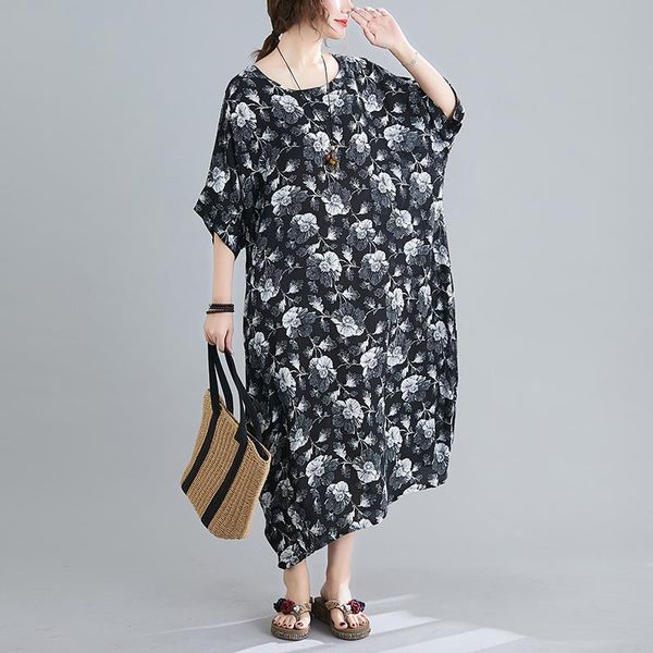 

plus size dresses beach casual dress 2021 arrival thin soft cotton satin loose summer print floral vintage black women long maxi