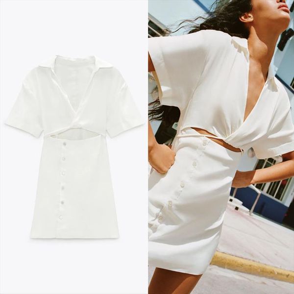 

vintage za white womens dress short sleeve cut summer chic side zip false button up woman fit mini party dresses, Black;gray