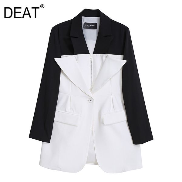

[deat] v-neck long sleeve loose texture suit coat women korea fashion black and white color patchwork suit spring gx705 210428, White;black