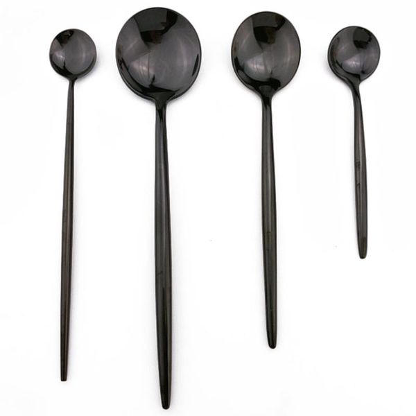 

spoons long handle ice cream teaspoon 1pcs stainless steel black dinnerware set cutlery scoops wedding silverware drop