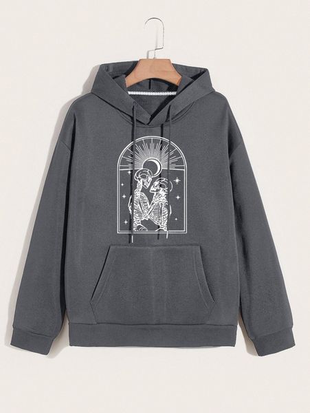 

men skeleton print drop shoulder kangaroo pocket drawstring thermal hoodie 46mv#, Black