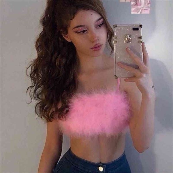 

spaghetti strap camis warm hairy low neckline backless patchwork skinny crop party night club lady chic camisole 210407, White