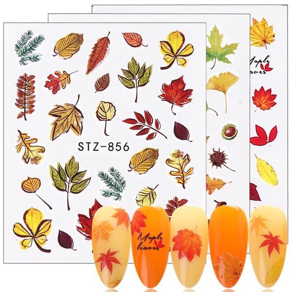 

1pcs fall leaves stickers for nails red yellow maple left water decals slider nail art wraps manicure decor tattoo sastz856-8591, Black