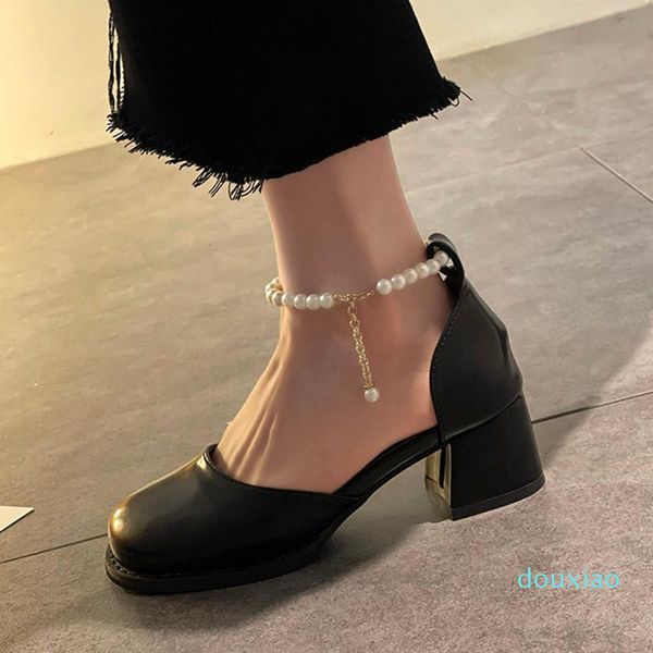 

women sandals 2021 summer shoes woman pumps high heels pearls ankle strap mary janes square heeled dress black 9231n