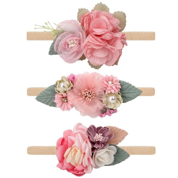 

hair accessories born baby artific flower pearl headbands for toddler girls retro handmade nylon elastic hairbands floral bands, Slivery;white
