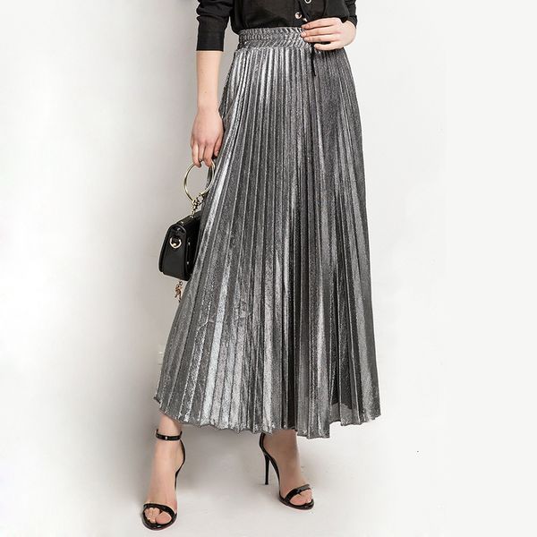 

lanmrem autumn fashion women clothes high waist a-line pleated sliver vintage elastic long halfbody skirt wh28501xl 210323, Black