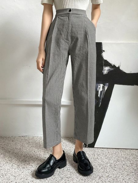 

dazy houndstooth print high waist pants w6nb#, Black;white