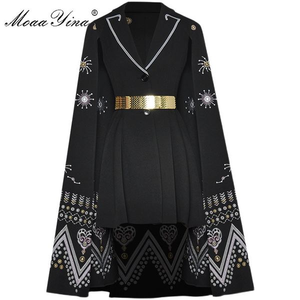 Moda Designer Vestido Primavera Verão Mulheres Vestido Mulheres Lace-up Vintage Bordado Cloak Preto Midi Vestidos 210524