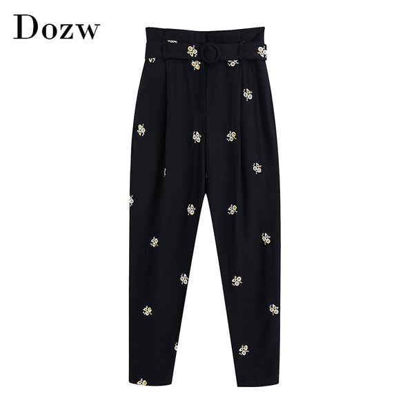 

women floral embroidery pants with belt vintage high waist casual long trousers zipper fly ladies pleated pants 210414, Black;white