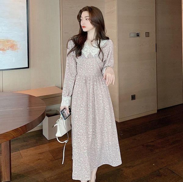 

retro french sweet printted lace patchwork mid dress women summer v-neck puff sleeve slim a line beach dress female 210514, Black;gray