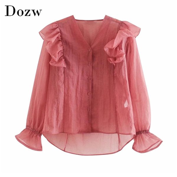 Mulheres elegante rosa ruffled bluses v pescoço manga comprida camisa de xadrez doce senhoras ver através de tops chiques blusas mujer 210515