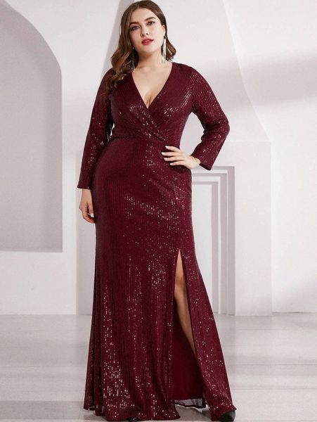 

ever-pretty plus surplice neck split thigh sequin prom dress m9pk#, Black