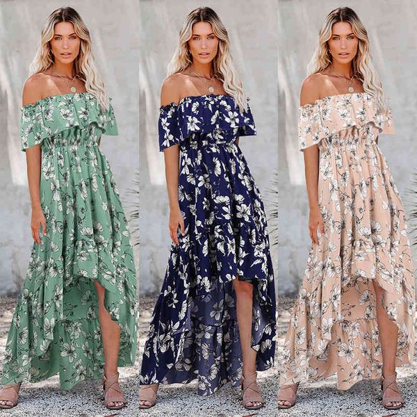 

2021 summer new women's fashion short sleeve off shoulder floral dress, Black;gray