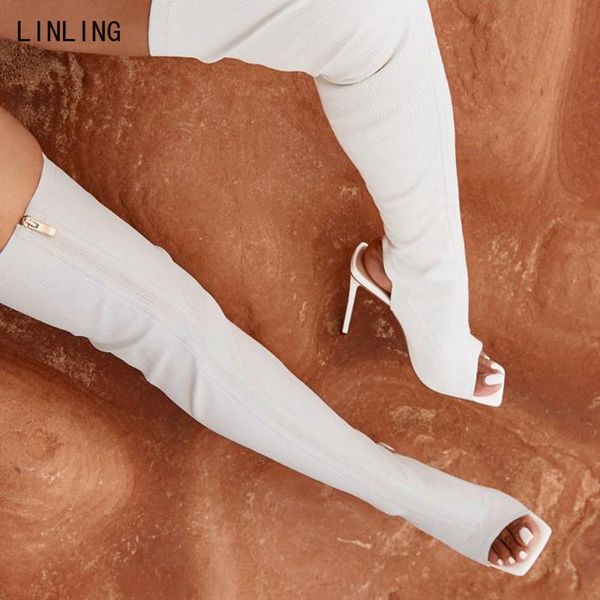 

boots 2021 winter women over the hnee high booties peep toe thin heel woman fashion long bootties zippers female shoes, Black