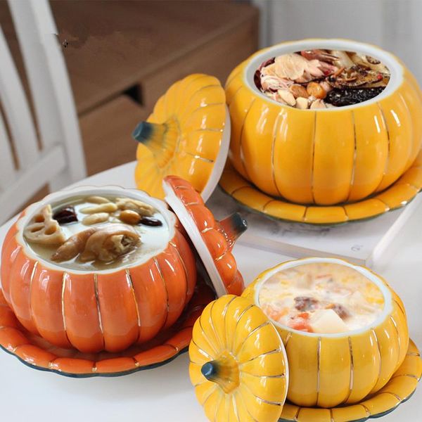 

ceramic pumpkin bowls with lid home kitchen decor creative handle salad fruit soup microwave oven exquisite decorative tableware