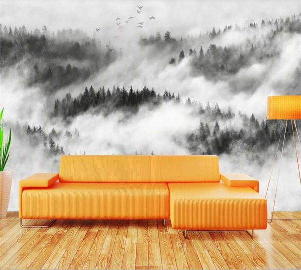 

customized 3d wallpaper mural chinese style black and white landscape mist forest flying birds background tv wallpapers