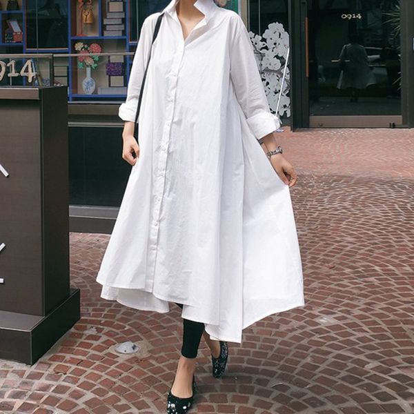 

spring and summer long-sleeved solid women shirts korean-style mid-length loose plus-sized fashion black and white 210421