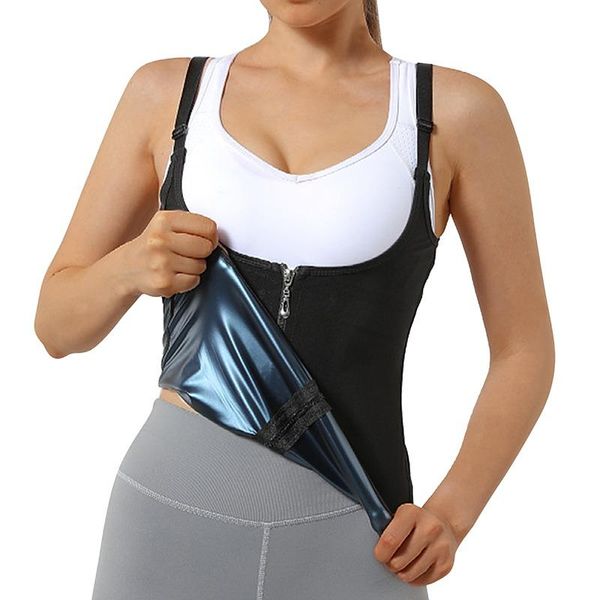 

waist support women sauna shaper vest thermo sweat shapewear tank slimming trainer corset gym fitness workout zipper shirt, Black;gray