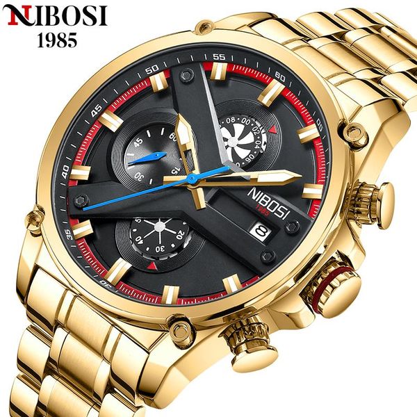 

wristwatches fashion nibosi luxury gold watches mens sports waterproof chronograph stainless steel quartz watch for men relogio masculino, Slivery;brown