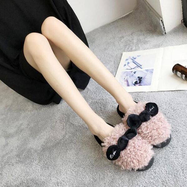 

slippers autumn & winter lamb curly fur women's female sweet bow cotton soft thick casual home use shoes, Black