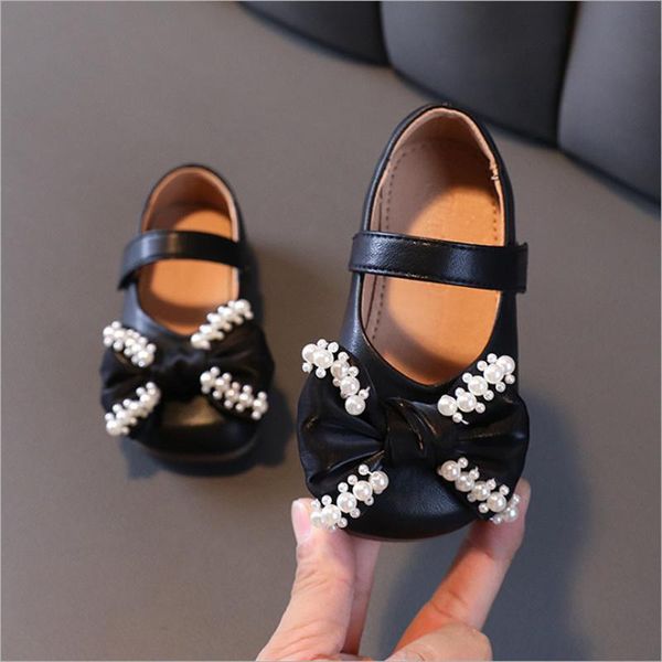 

flat shoes 2021 autumn kids for girls leather butterfly-knot pearl princess soft sole fashion toddler baby eu 21-30, Black;grey