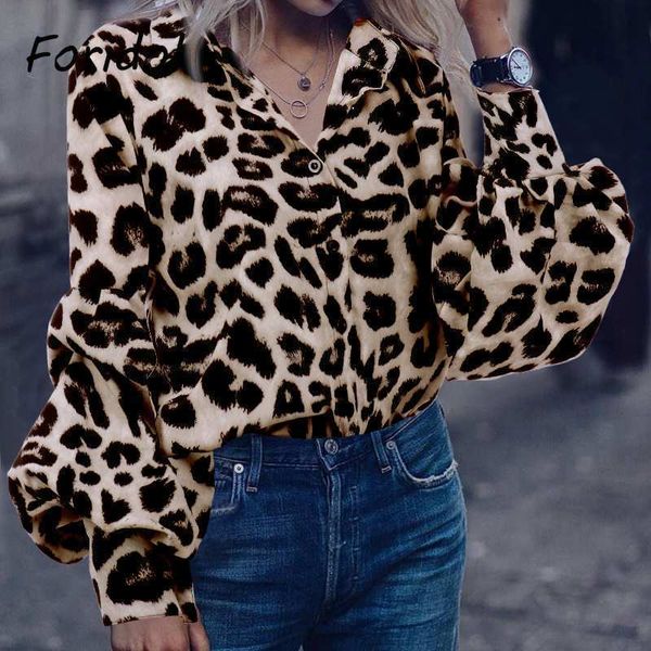 

loose elegant leopard print blouse shirt oversized women boho turn-down collar blouse long sleeve spring autumn 210415, White
