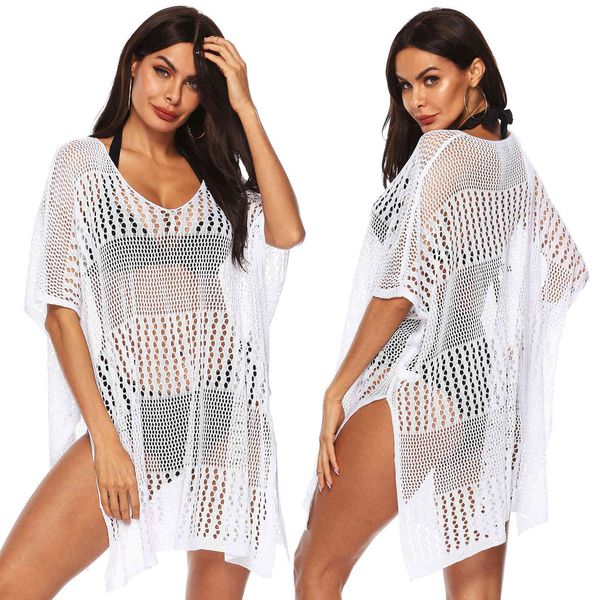 

2021 perspective deep v irregular hem split seaside rort beach swimsuit blouse 986, Red;black