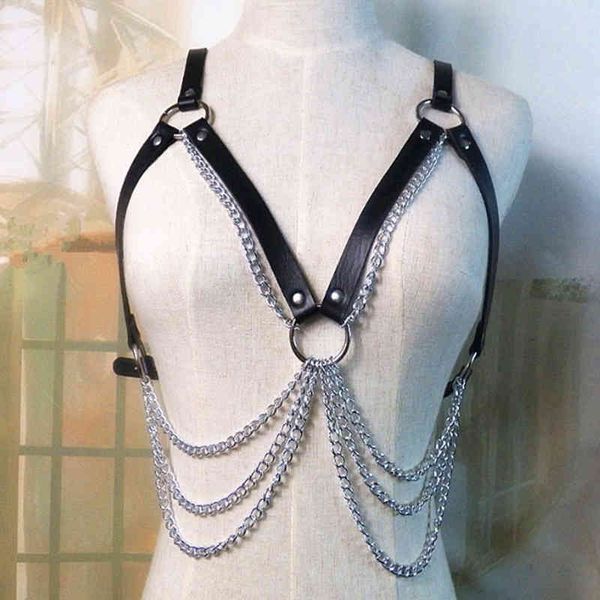 PU-Leder Sexy Harness Halsband BH Strumpfband mit Metallkette Frau Körper Bondage Caged Bralette Riemen Brustformungsgürtel