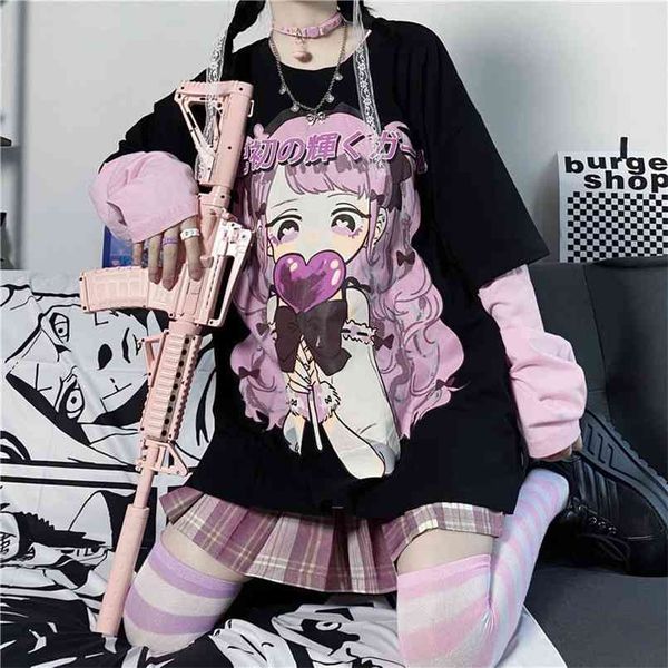 

autumn women tshirts japanese ins cute anime printed harajuku loose fake two piece long sleeved aesthetic female t-shirt 210708, White