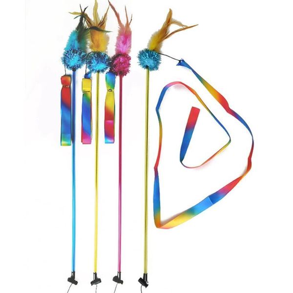 

cat toy wand cute funny colorful rod teaser adjustable ribbon stick feather kitten for pet supplies toys