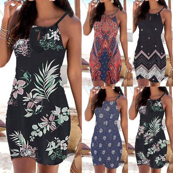 

casual dresses summer dress women backless printed sleeveless short beach suspender lugentolo, Black;gray