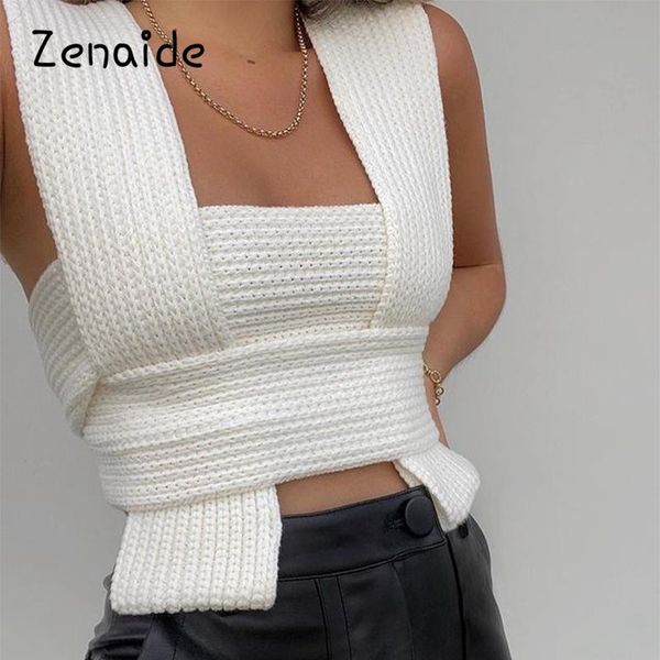 

women's vests zenaide knitted bandage sweater multi wrap women off shoulder strapless crop vest female 2021, Black;white