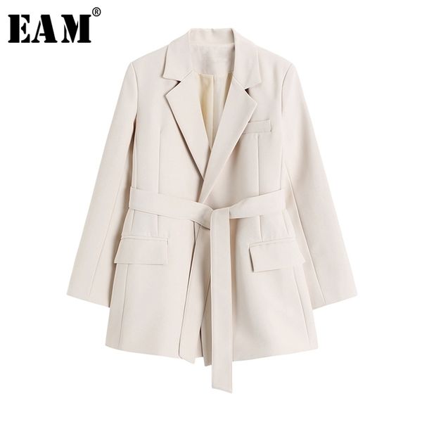 

[eam] women apricot brief bandage leisure blazer lapel long sleeve loose fit jacket fashion spring autumn 1x791 210930, White;black