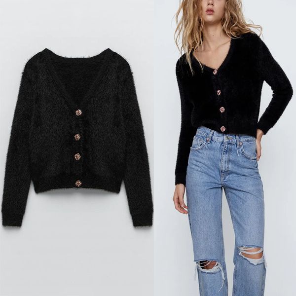 

knits za faux fur knit cardigan women long sleeve v neck jewel button black sweater female fashion outwear knitted, White