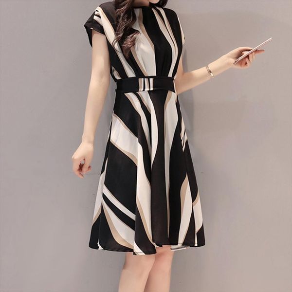 

fashion summer a line print women dress business belt o neck short sleeve knee length dresses plus size harajuku p2, Black;gray