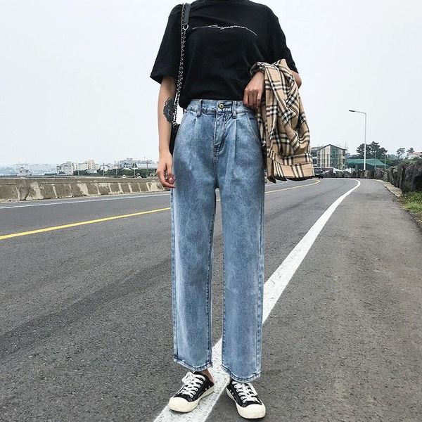

women's jeans guuzyuviz vintage blue woman rugged cotton wide leg pants denim ladies mom trousers plus size loose elastic waist