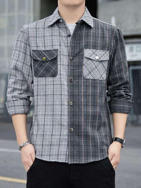 

men plaid print flap pocket shirt e1ap#, White;black