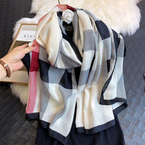 

scarves women's silk scarf autumn 2021 fashion black white plaid soft female winter shawls wraps women warm, Blue;gray