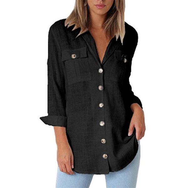 

women's blouses & shirts 2021 turn-down collar blusas mujer long sleeves camisa female women casual soild pocket plus size 2xl, White
