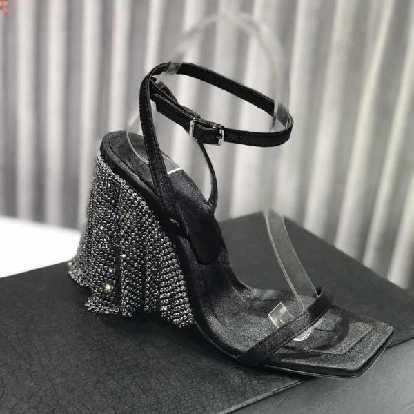 

sandals summer style lace-up diamond fringed high-heeled women's european and american square toe stiletto-heeled shoes, Black