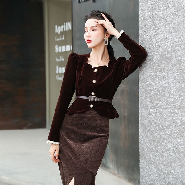 

winter velvet wave pattern square collar women elegant single breasted coat suit + hight waist split long skirt 2 pices set 210514, White