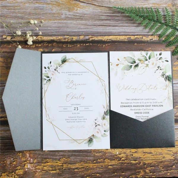 

greeting cards black wedding invitation card tri-fold pocket shimmer country party invites personalized design multi colors
