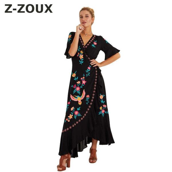 

women dress embroidered bohemia long print floral maxi es v neck ruffles flower beach summer es 210524, Black;gray