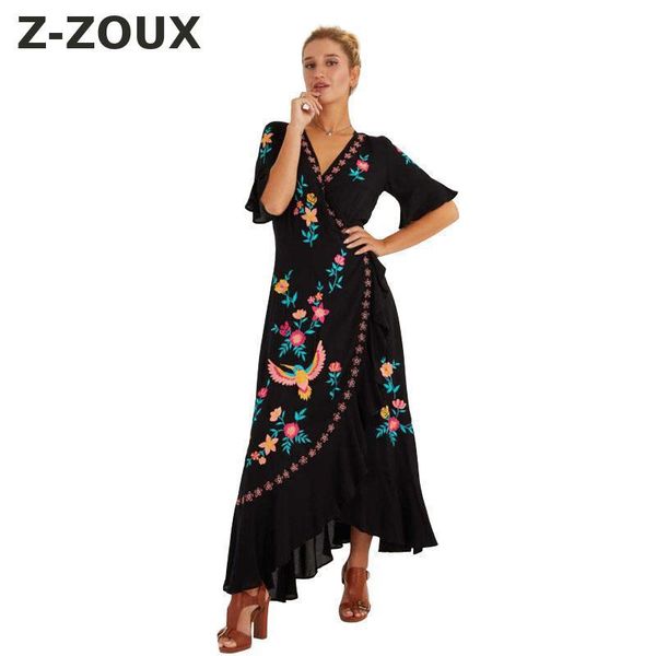 Mulheres Vestido Bordado Bohemia Longo Longo Impressão Floral Maxi ES V Neck Ruffles Flor Praia Verão ES 210524