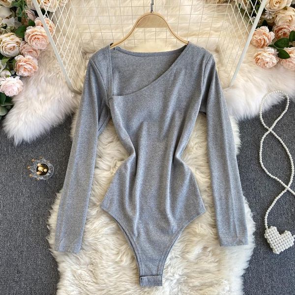 

foamlina spring autumn irregular women jumpsuit v neck long sleeve bodysuits skinny stretch knitted rompers womens shirt chic body, Black;white